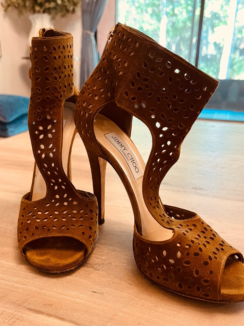 JIMMY CHOO Tahi Blush Perforated Suede Sandal Heels -